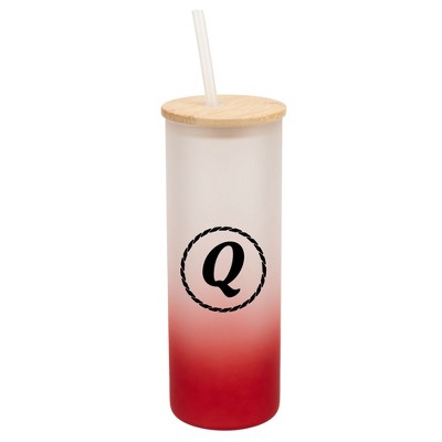 Elanze Designs Q Monogram Letter Initial Rope Circle Wrap-Around Design 25 Ounce Frosted Gradient Glass On-The-Go Coffee Travel Skinny Tumbler Mug
