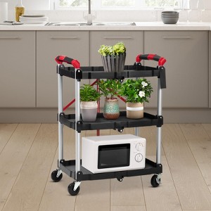 Utility Cart, 3 Tier Folding Service Cart with 4 Swivel Wheels - Collapsible Rolling Cart for Home/Kitchen/Garage/Restaurant (Black & Red) - 1 of 4