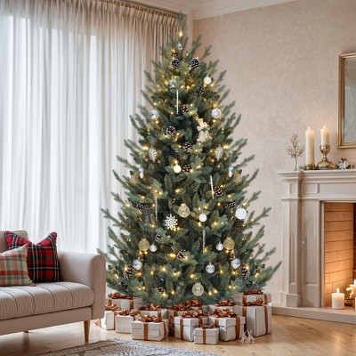7.5ft Prelit Hillside Spruce Christmas Tree Pre-Decorated Artificial Hinged Holiday with 51 Pine Cones and 500 Lights & 11 Light Modes