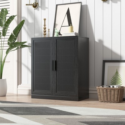 MAYEERTY 36x31x16 in Natural Wood Grain Storage Cabinet with Glass Door for Living Room & Bar Area