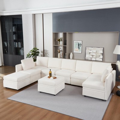Modular Sectional Sleeper Sofa with Storage Seats and Reversible Chaise, Chenille Fabric 9-Seater Convertible Sectional Couch for Living Room