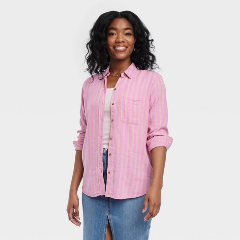 Women's Linen Long Sleeve Collared Button-Down Shirt - Universal Thread™  Pink Striped M