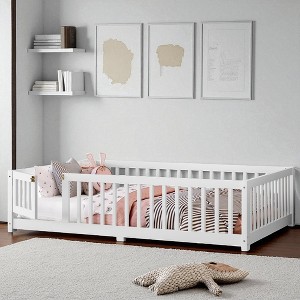 Mshliw Twin/Full/Queen Kids Floor Bed with Safety Guardrails & Door,Montessori Style Wooden Low Profile Platform Bed Frame for Toddlers, Kids Bedroom - 1 of 4