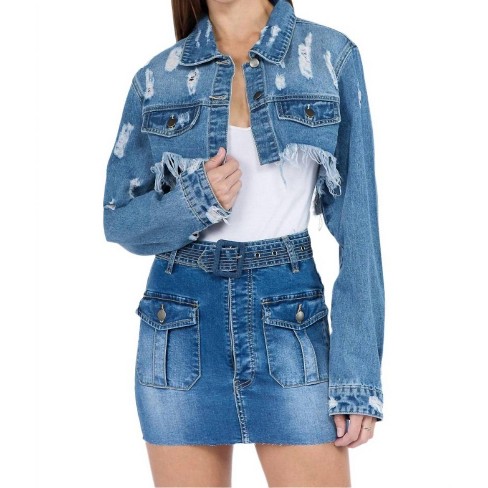 Women's Chic Cropped Distressed Denim Jacket - American Bazi - image 1 of 4