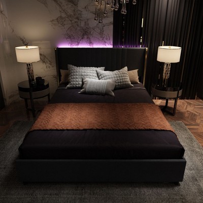 FUFU&GAGA Queen Size bed with Headboard and Sliding Drawers Led Lights Gray