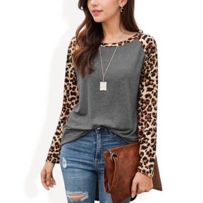 Anna-Kaci Women's Long Sleeve Pullover Shirt with Leopard Print Contrast Panels and Crew Neck