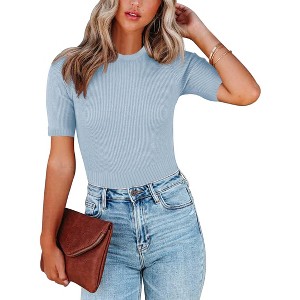 Womens Short Sleeve Sweaters Crewneck Pullover Sweaters 
Slim Fit Knit Sweater Blouse - 1 of 4