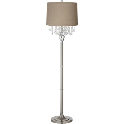 360 Lighting Chandelier Floor Lamp Brushed Nickel Chrome Crystals Natural Linen Fabric Drum Shade for Living Room Reading Bedroom