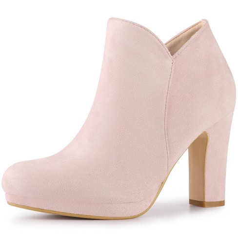 Perphy Women's Platform Round Toe Chunky High Heels Ankle Boots Dust Pink  7.5
