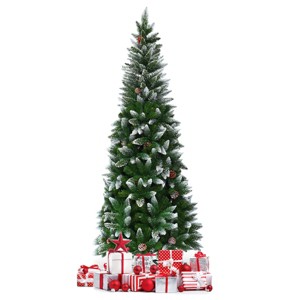 Tangkula 7.5'Artificial Pencil Christmas Tree Snow Flocked Tree w/ Pine Cones and Metal stand - 1 of 4