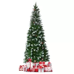 Tangkula 6FT Artificial Pencil Christmas Tree Snow Flocked Tree w/ Pine Cones and Metal stand