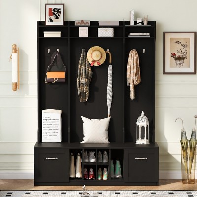 FURNIinspire Hall Trees Entryway Bench With Coat Rack, 7 Sturdy Hooks, 2 Drawers, Adjustable Shelves, Modern Clothes Rack, Black, 17.7"*58.8"*76.7"