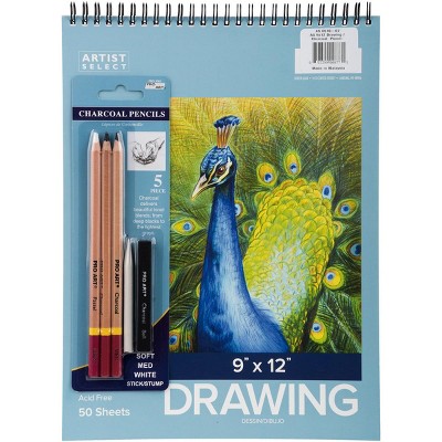 Artist Select Drawing Pad 9"X12" & 5pc Charcoal Pencil Set-50 Sheets