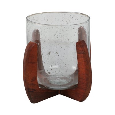 Mango Wood & Glass Pillar Candle Holder - Rustic Handcrafted Decorative Lantern for Home, Office & Living Room - 7" Brown