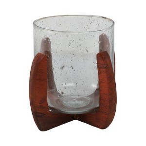 Mango Wood & Glass Pillar Candle Holder - Rustic Handcrafted Decorative Lantern for Home, Office & Living Room - 7" Brown - 1 of 4
