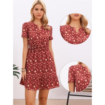 Женские платья INSPIRE CHIC Women's Floral V Neck Smocked Waist Mini Tiered Dress Small Dark Red — фото 2