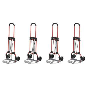 Magna Cart Personal MCI Folding Steel Luggage 160 lb. Capacity Hand Truck Cart w/Telescoping Handle & Ball Bearing Rubber Wheels, Red/Silver (4 Pack)