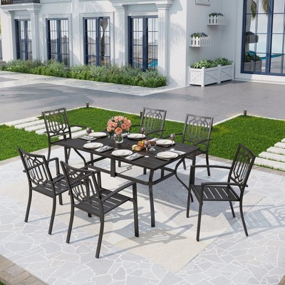 Captiva Designs 7pc Patio Dining Set with Slat-top Rectangle Steel Table & Metal Stackable Chairs