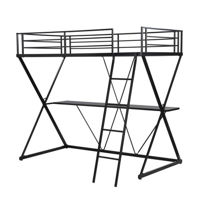 YOOCOZZ Twin Loft Bed with Desk, Ladder, Guardrails, and X-Shaped Frame - Black