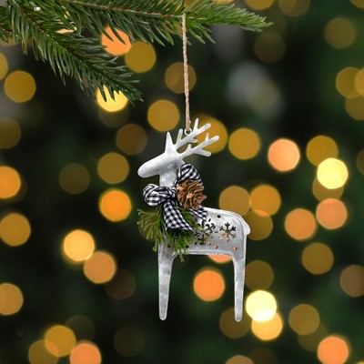 Silver Metal Reindeer Ornament with Pine and Gingham Bowtie