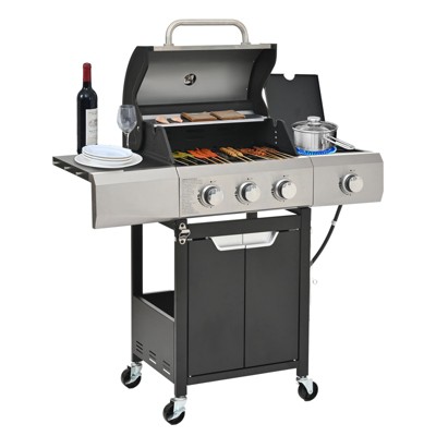 VisioGear Outdoor Grill with with Two Shelves, Lid, Wheels and Bottle Opener, Grill for Backyard, Black & Silver, 44.8"*13.3"*39.3"