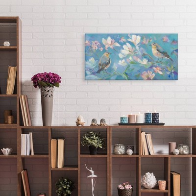 Chickadees on Magnolia Branches Blue Canvas Wall Art