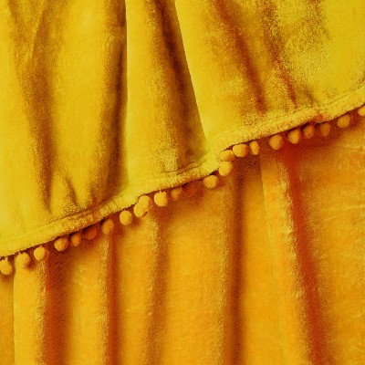 Cozy Mustard Yellow Twin Fleece Throw with Pom Pom Fringe