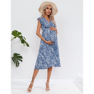 Coolmee Women Summer Boho Floral Casual V Neck Small Flying Sleeve A-Line Maternity Ruffled Midi Dress - 1 of 4