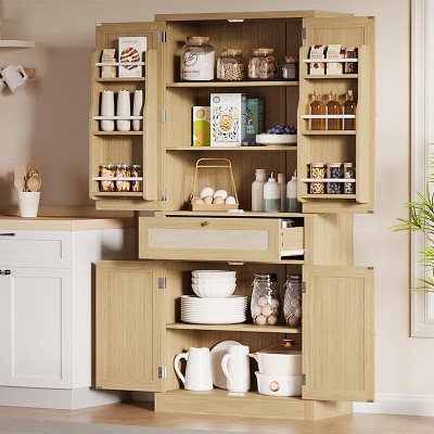 70inch Tall Kitchen Pantry, Rattan Cupboard Storage Cabinet with 1 Drawer and 6 Door Shelves for Dinning Living Room Kitchen Laundry, Natural Oak