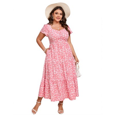 YESFASHION Women Plus Size Maxi Dress Floral Ruffle Summer Dress Short Sleeve Long Dress High Waist Sweethearte Neck Casual Dress