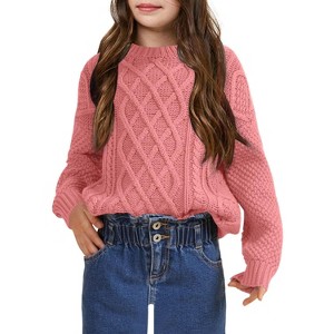 Girls Pullover Sweater Cable Knit Crew Neck Long Sleeve Sweater Knit Tops - 1 of 4
