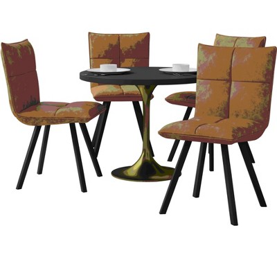 LeisureMod Verve 5-Piece Dining Set with 36" Round Dining Table in Black MDF Top and 4 Leather Dining Chairs