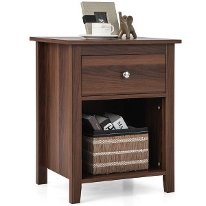 Costway Nightstand Bedside Table with Drawer & Open Shelf for Living Room Bedroom Walnut/Brown - 1 of 4