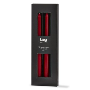 tag Color Studio 12" Traditional Taper Unscented Smokeless Paraffin Wax Candle Red, Set of 4, Burn Time 8 hrs. - 1 of 3