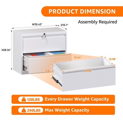 White Metal Lockable 2-Drawer Lateral Filing Cabinet