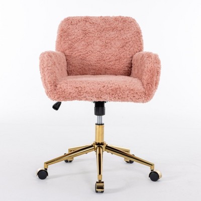 PDTEND Faux Fur Office Chair with Gold Metal Base, Adjustable Swivel Desk Chair for Home or Vanity Use