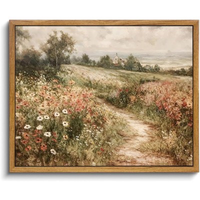 BRINJOY Vintage Wildflower Framed Canvas Wall Art - Countryside Landscape Painting for Farmhouse & Modern Decor
