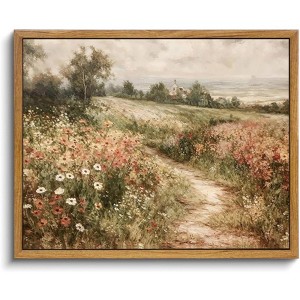 BRINJOY Vintage Wildflower Framed Canvas Wall Art - Countryside Landscape Painting for Farmhouse & Modern Decor - 1 of 4