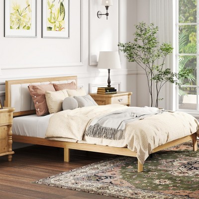 HOMCOM Bed Frame with Upholstered Headboard, Platform Bed Frame with Wooden Slats, No Box Spring Needed, Easy Assembly