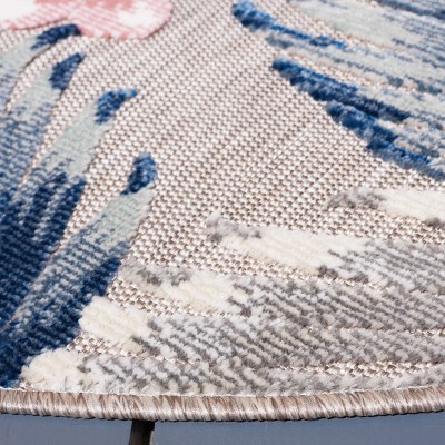 Gray and Navy Floral Round Synthetic Indoor/Outdoor Rug