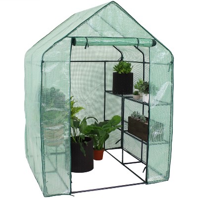 Green 55" x 55" x 77" Portable Walk-In Greenhouse with Shelves