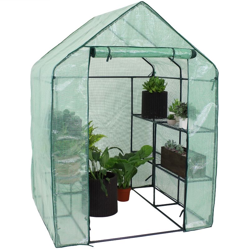 Sunnydaze Outdoor Portable Growing Rack Grandeur Mini Walk-In Greenhouse with Roll-Up Door - 4 Shelves - Green, 2 of 14
