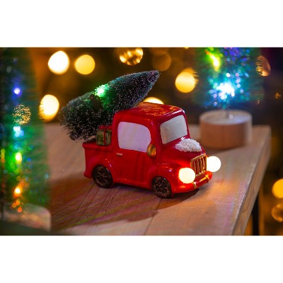 Evergreen LED Terracotta Truck with Bottle Brush Tree Table Decor