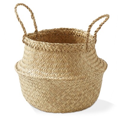 Casafield Seagrass Belly Baskets with Handles, Natural Woven Storage Bin Planters for Home Decor, Indoor Plant Pot Covers