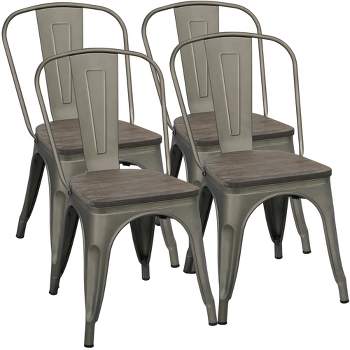 Yaheetech 4PCS Metal Frame and Wood Seat Stackable Dining Chairs with Backrest Footrests