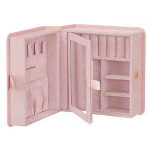 Jelly Pink Portable Travel Jewelry Box Organizer - Book Design with Mirror, 4.6 x 5.2 x 2.8 Inches, Faux Suede Lining - 1 of 4