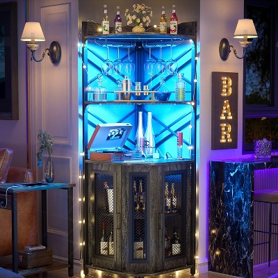 Aheaplus Corner Wine Cabinet with LED Strip and Glass Holder