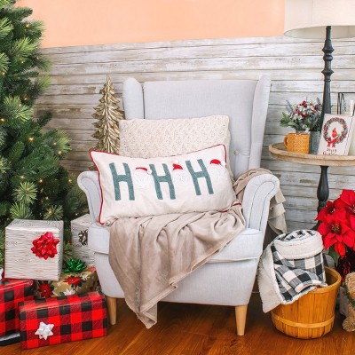 14"x26" White and Green Embroidered Holiday Throw Pillow