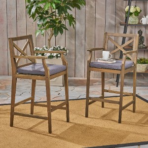 Lyngins Outdoor Acacia Wood Barstools (Set of 2), Cross-Back Farmhouse Outdoor Accent Chair with Water-Resistant Cushions, Patio Accent Chair for Bar - 1 of 4