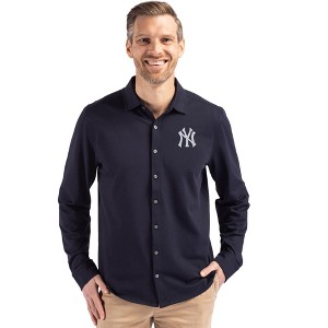 New York Yankees Cutter & Buck Advantage Tri-Blend Eco Soft Pique Long Sleeve Knitted Mens Button Up - 1 of 1